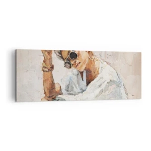 Bild auf Leinwand - Leinwandbild - Porträt einer Frau mit Sonnenbrille vor einer hellen Wand - 140x50cm - Porträt in voller Sonne - Moderne Wanddekoration für Wohnzimmer und Schlafzimmer ARTTOR
