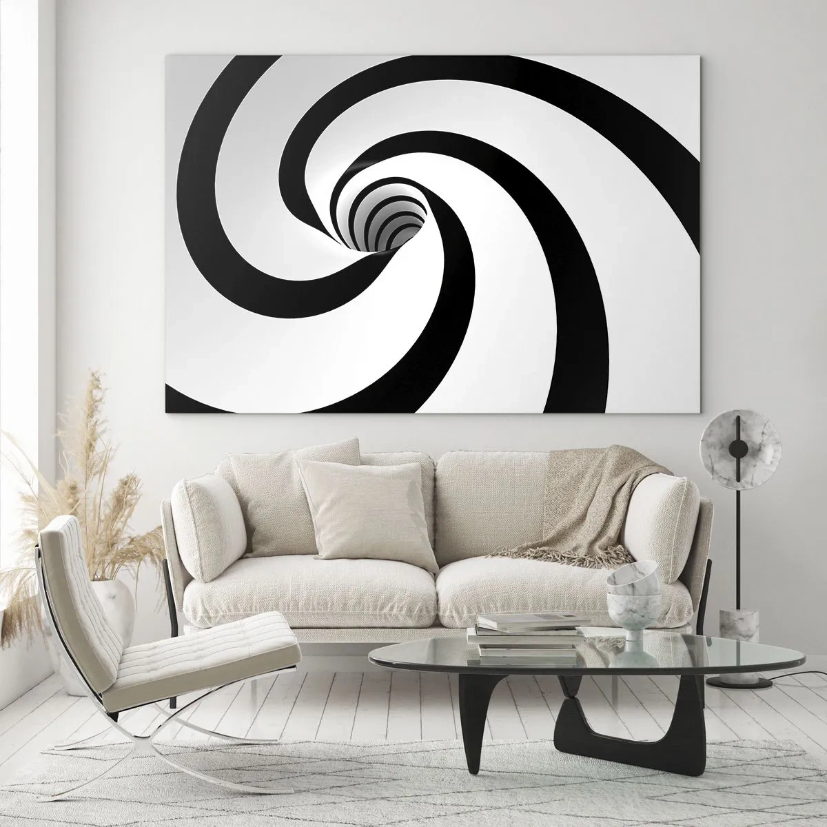 Glasbild - Bild auf glas - Hypnotisches Spiralmuster in Schwarz und Weiß - 100x70cm - Dem Wirbel nachgeben? - Moderne Wanddekoration für Wohnzimmer und Schlafzimmer ARTTOR