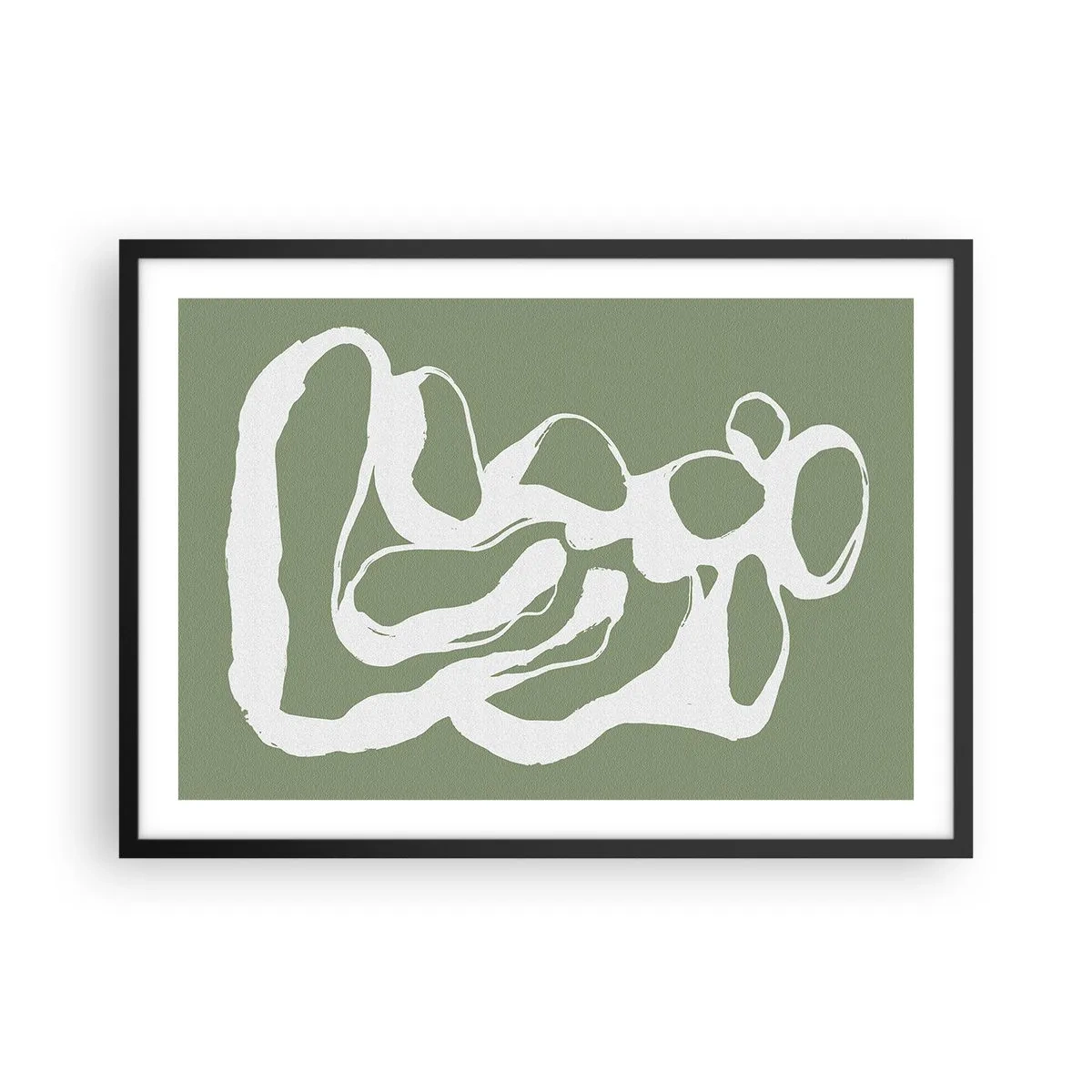 Poster in einem schwarzem Rahmen - Organische Formen in Weiß auf grünem Hintergrund - 70x50cm - Ruf des Weltraums - Moderne Wanddekoration für Wohnzimmer und Schlafzimmer ARTTOR