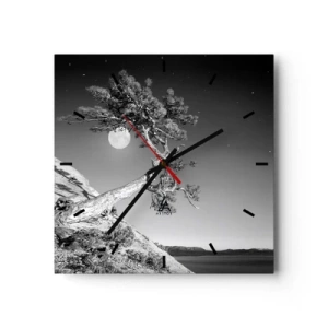 Wanduhr - Glasuhr - Schwarz-weißer Baum auf einer Klippe mit dem Mond im Hintergrund - 30x30cm - Siegreiche Kämpferin - Moderne Wanddekoration für Wohnzimmer und Schlafzimmer ARTTOR