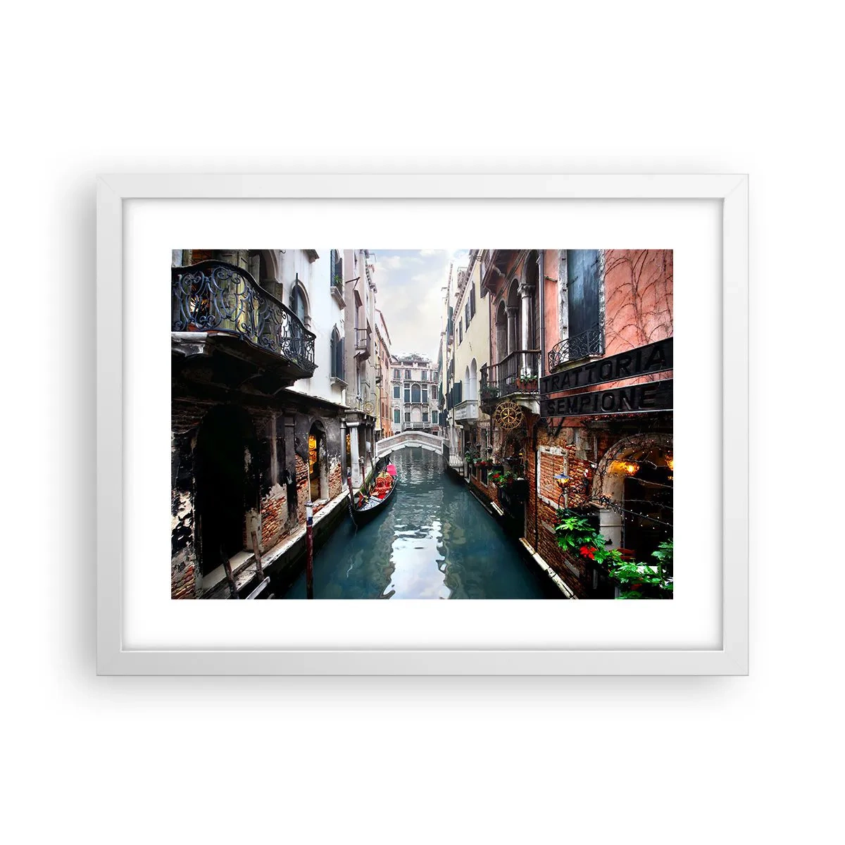 Poster in einem weißen Rahmen - Venezianische Landschaft mit Gondel und Brücke - 40x30 cm