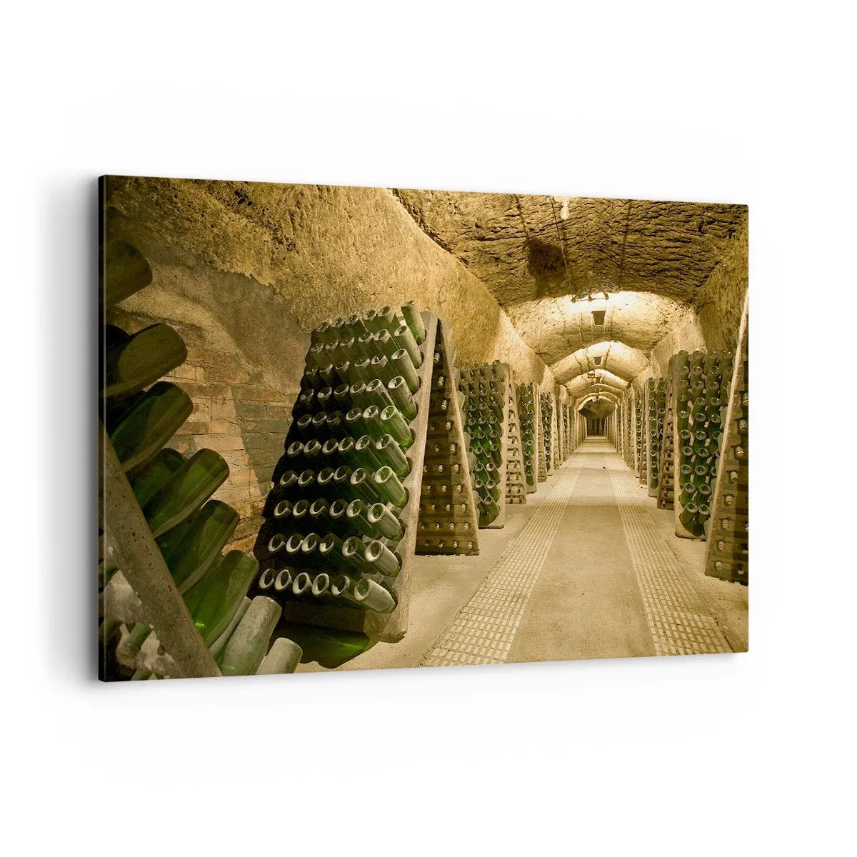 Bild auf Leinwand - Leinwandbild - Ein Weinberg mit einem Keller voller Weinflaschen, die auf Holzregalen ausgestellt sind. - 120x80cm - Die Geburt des Geschmacks - Moderne Wanddekoration für Wohnzimmer und Schlafzimmer ARTTOR