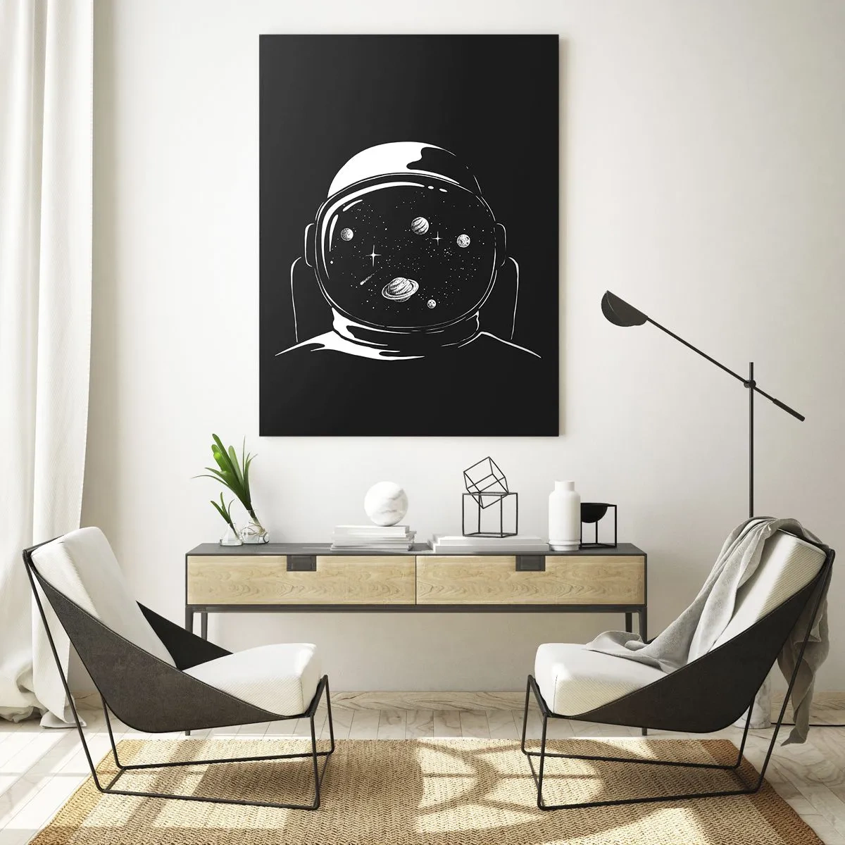 Glasbild - Bild auf glas - Ein minimalistischer Astronautenhelm mit Blick ins Weltall - 70x100cm - Schöne Aussicht - Moderne Wanddekoration für Wohnzimmer und Schlafzimmer ARTTOR