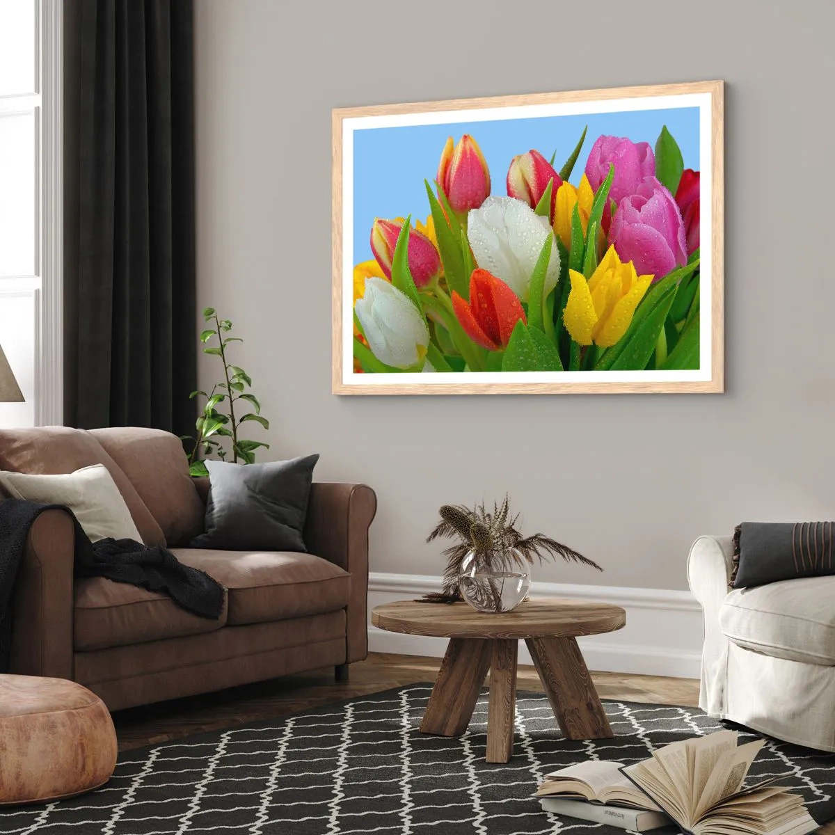 Poster in einem Rahmen aus heller Eiche - Ein blumiger Regenbogen in Tautropfen - 70x50 cm