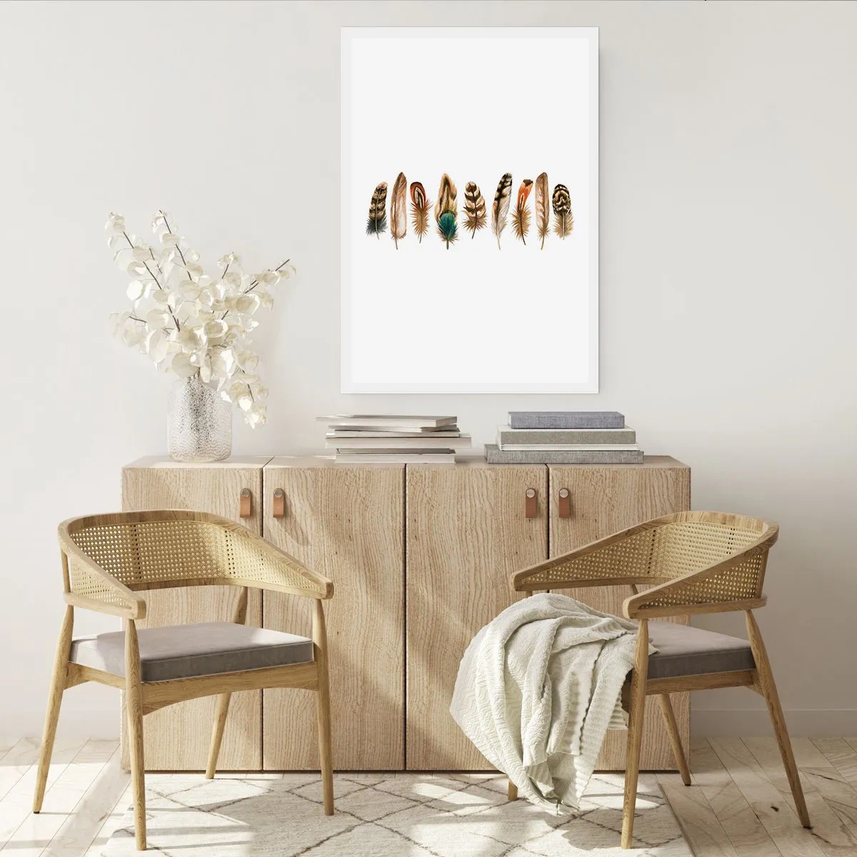 Poster - Bunte Federn in einer Reihe - 50x70cm - Eine federleichte Variante - Moderne Wanddekoration für Wohnzimmer und Schlafzimmer ARTTOR