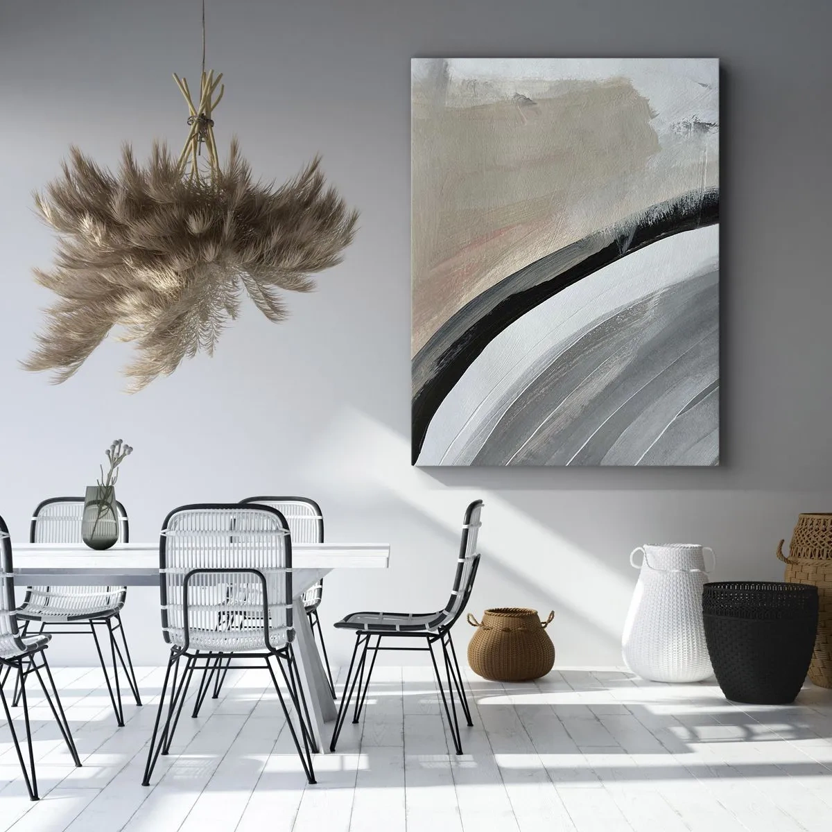 Bild auf Leinwand - Leinwandbild - Abstrakter Bogen in Schwarz-, Grau- und Beigetönen - 50x70cm - Komposition: Bogen aus Schwarz und Grau - Moderne Wanddekoration für Wohnzimmer und Schlafzimmer ARTTOR