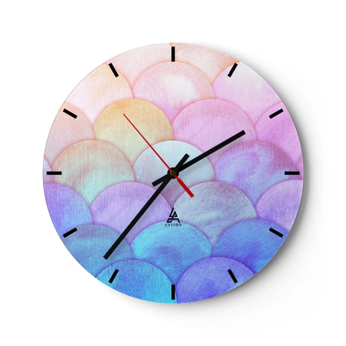 Wanduhr - Glasuhr - Halbrunde Pastellschuppen in Rosa-, Lila- und Blautönen - 30x30cm - Perlenschuppe - Moderne Wanddekoration für Wohnzimmer, Küche und Schlafzimmer ARTTOR