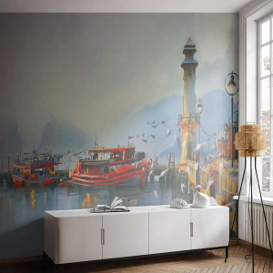 Fototapete Premium Canvas - Ein Hafen mit roten Booten, umgeben von einer nebligen Landschaft - 100x70cm - Am Ende der Welt - Moderne Wanddekoration für Wohnzimmer und Schlafzimmer ARTTOR