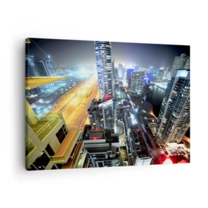 Bild auf Leinwand - Leinwandbild - Panorama der nächtlichen Stadt mit beleuchteten Wolkenkratzern - 70x50cm - Ein Wunder in der Wüste - Moderne Wanddekoration für Wohnzimmer und Schlafzimmer ARTTOR