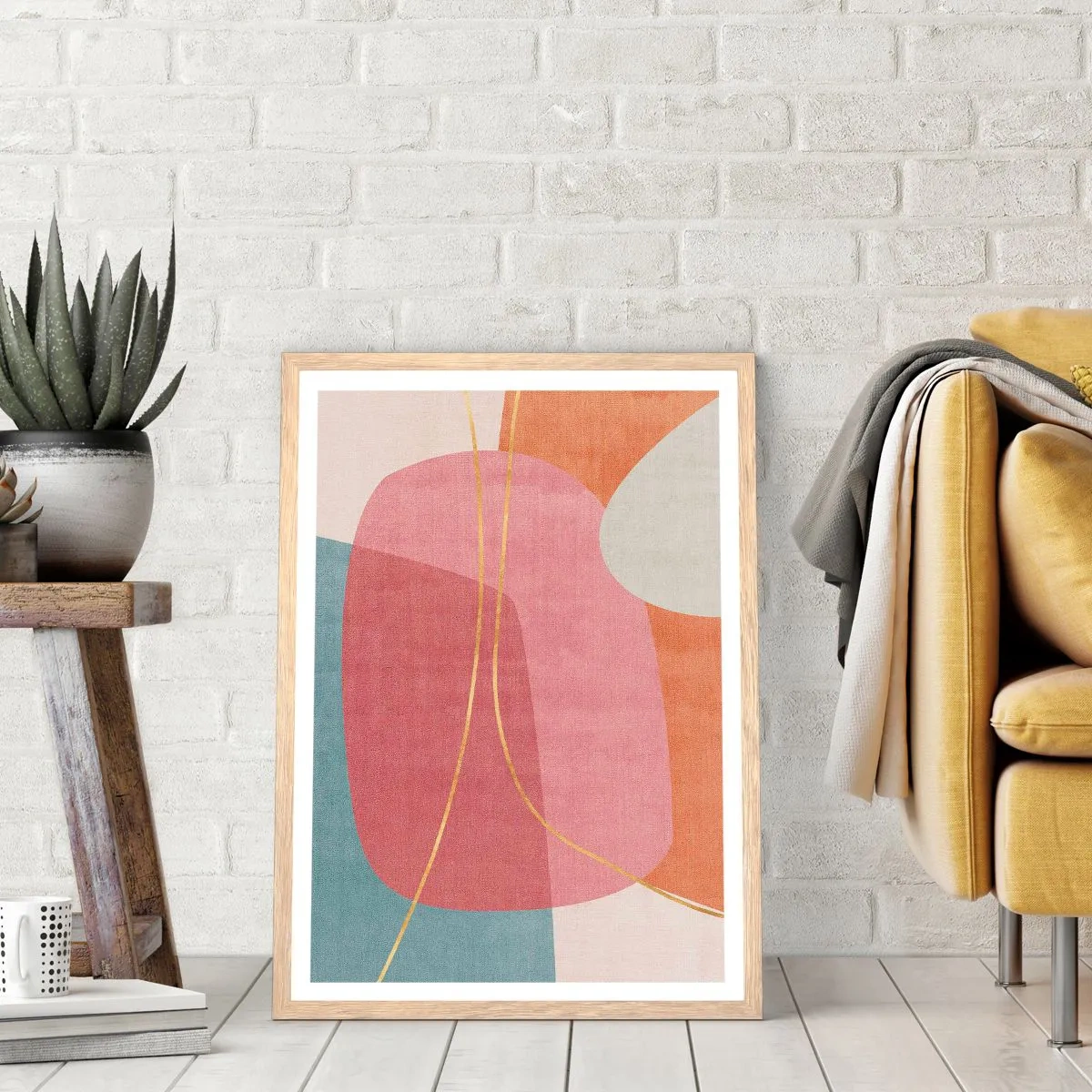 Poster in einem Rahmen aus heller Eiche - Pastellkomposition mit Goldfaden - 50x70 cm