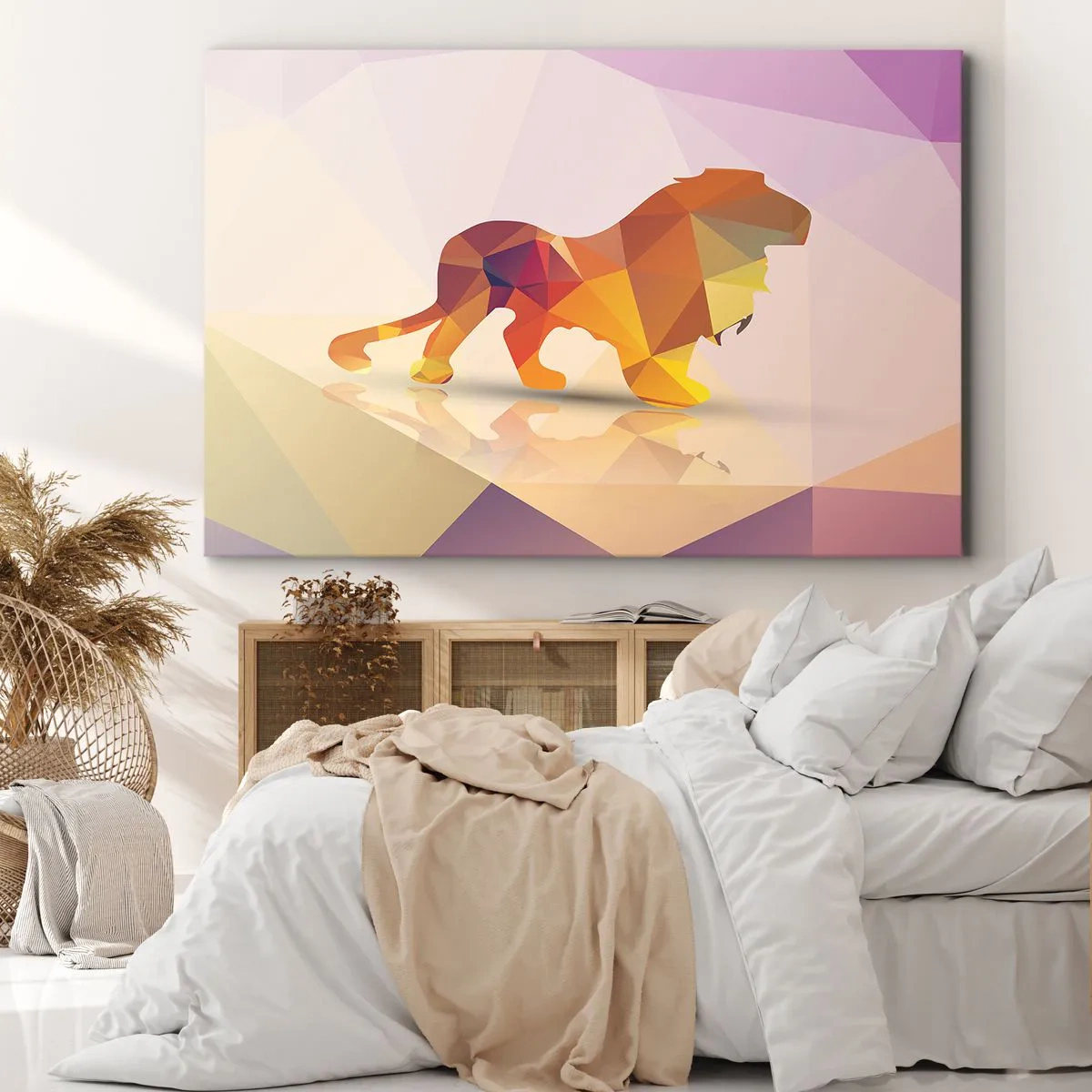 Bild auf Leinwand - Leinwandbild - Geometrische Silhouette eines Löwen in Gelb- und Orangetönen - 120x80cm - Der Diamantenkönig - Moderne Wanddekoration für Wohnzimmer und Schlafzimmer ARTTOR
