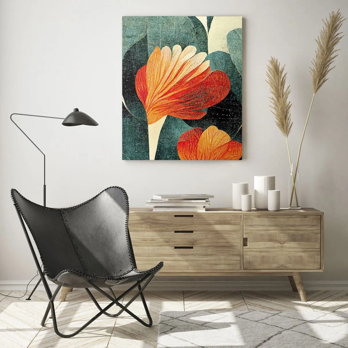 Glasbild - Bild auf glas - Orangefarbene Blüten vor einem Hintergrund aus dunkelgrünen Blättern - 50x70cm - Hitze der Tropen und Kühle des Grüns - Moderne Wanddekoration für Wohnzimmer und Schlafzimmer ARTTOR