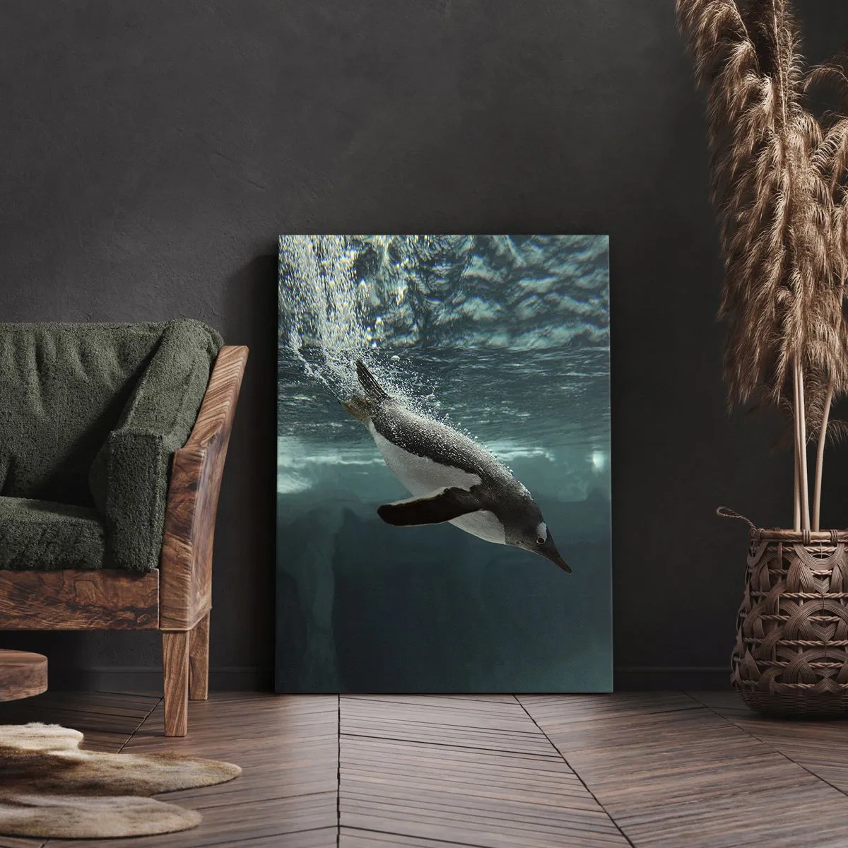 Bild auf Leinwand - Leinwandbild - Ein Pinguin taucht in die Tiefen des eisigen Wassers - 50x70cm - Willkommen in meiner Welt - Moderne Wanddekoration für Wohnzimmer und Schlafzimmer ARTTOR