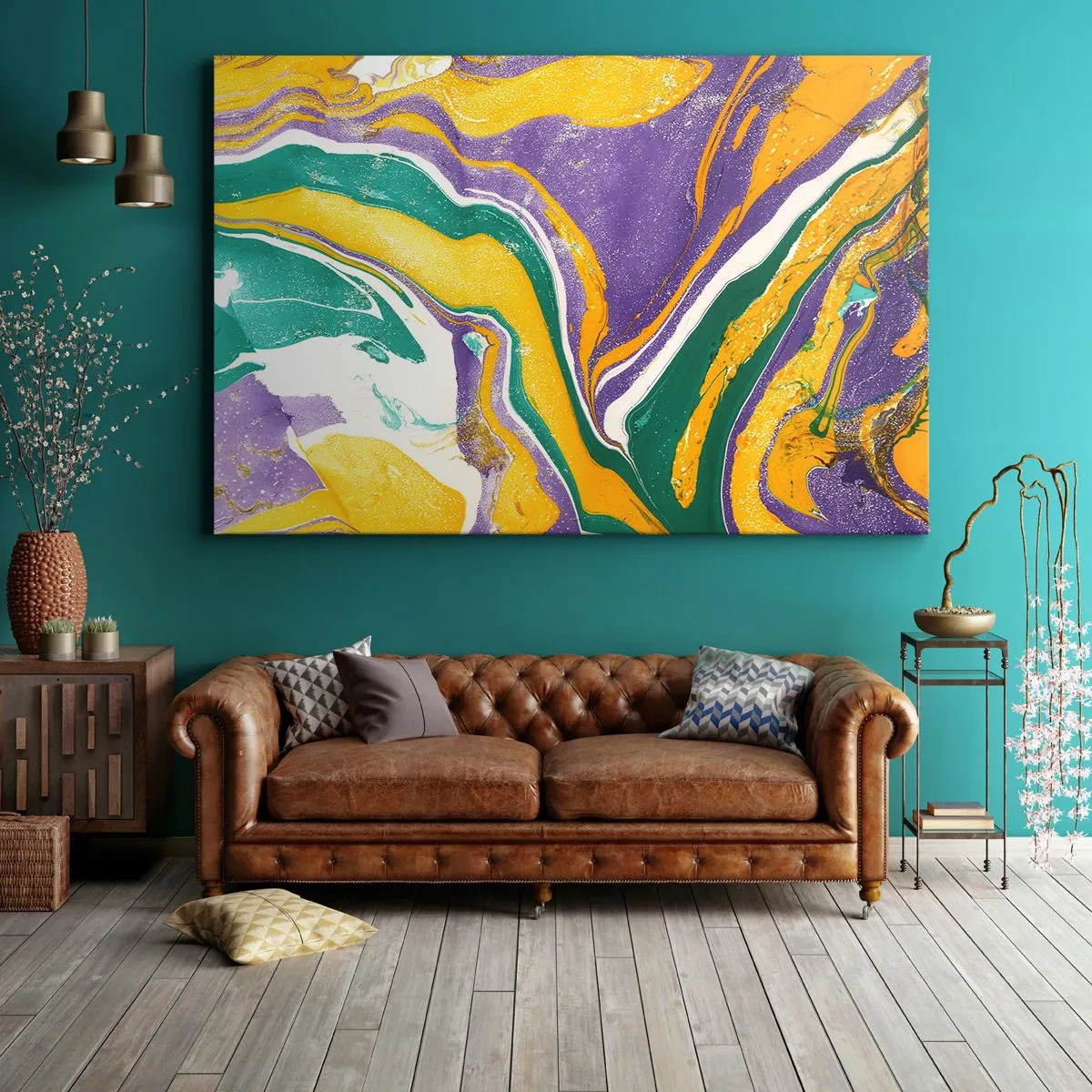 Bild auf Leinwand - Leinwandbild - Abstraktes Marmormuster in lebendigen Farben - 100x70cm - Farbwellen - Moderne Wanddekoration für Wohnzimmer und Schlafzimmer ARTTOR