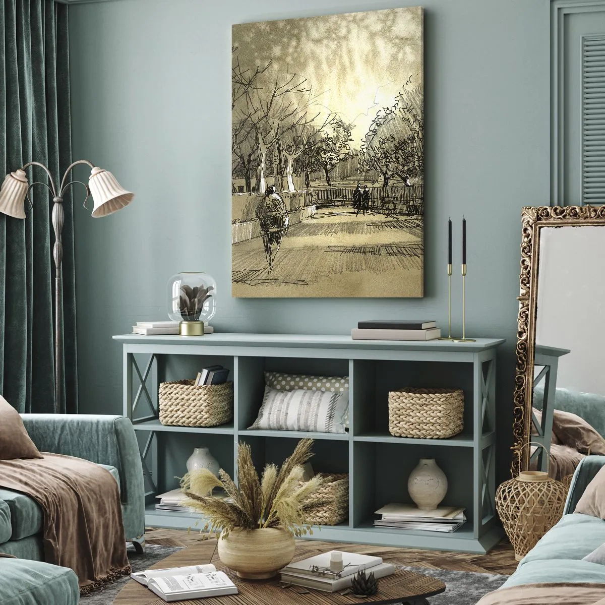 Bild auf Leinwand - Leinwandbild - Eine Cartoon-Szene eines Parks mit spazierenden Menschen in warmen Tönen. - 50x70cm - Ein Moment mit einer Feder angehalten - Moderne Wanddekoration für Wohnzimmer und Schlafzimmer ARTTOR