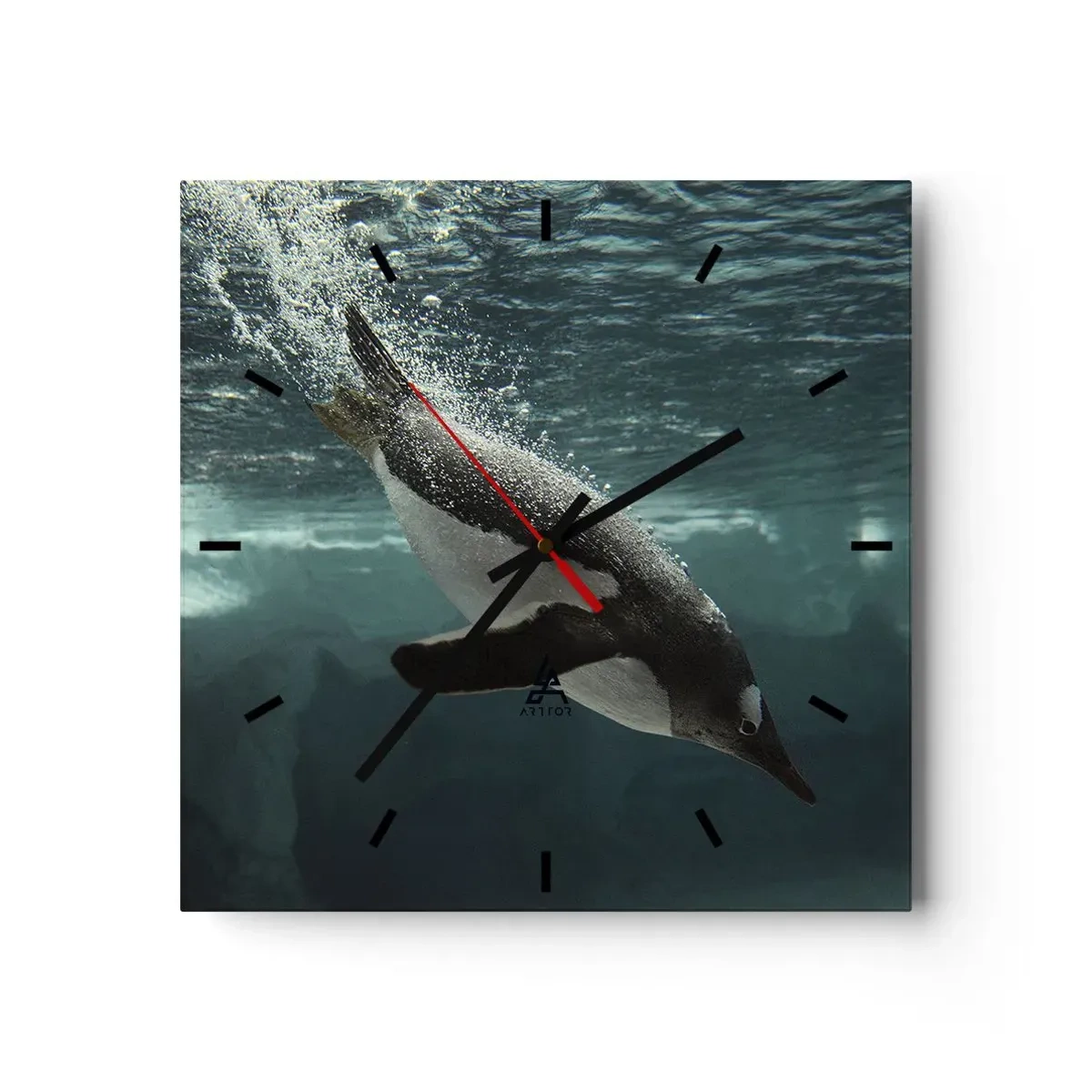 Wanduhr - Glasuhr - Ein Pinguin taucht in die Tiefen des eisigen Wassers - 30x30cm - Willkommen in meiner Welt - Moderne Wanddekoration für Wohnzimmer und Schlafzimmer ARTTOR