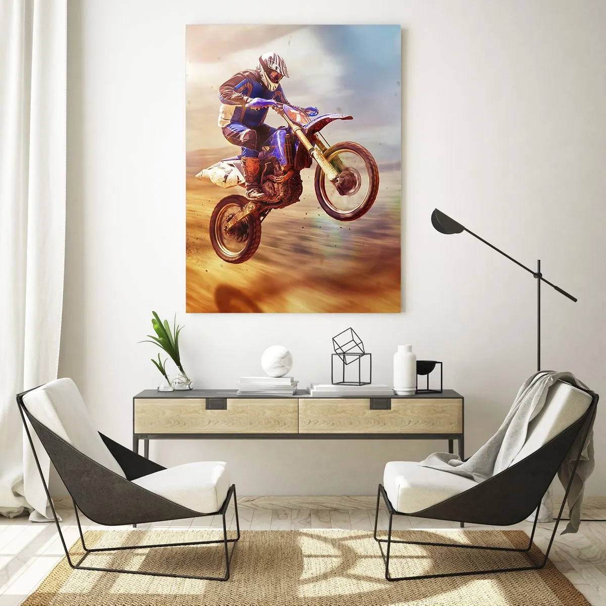 Glasbild - Bild auf glas - Ein Motorradfahrer im Flug während einer dynamischen Offroad-Fahrt - 70x100cm - Motorradschwindel - Moderne Wanddekoration für Wohnzimmer und Schlafzimmer ARTTOR
