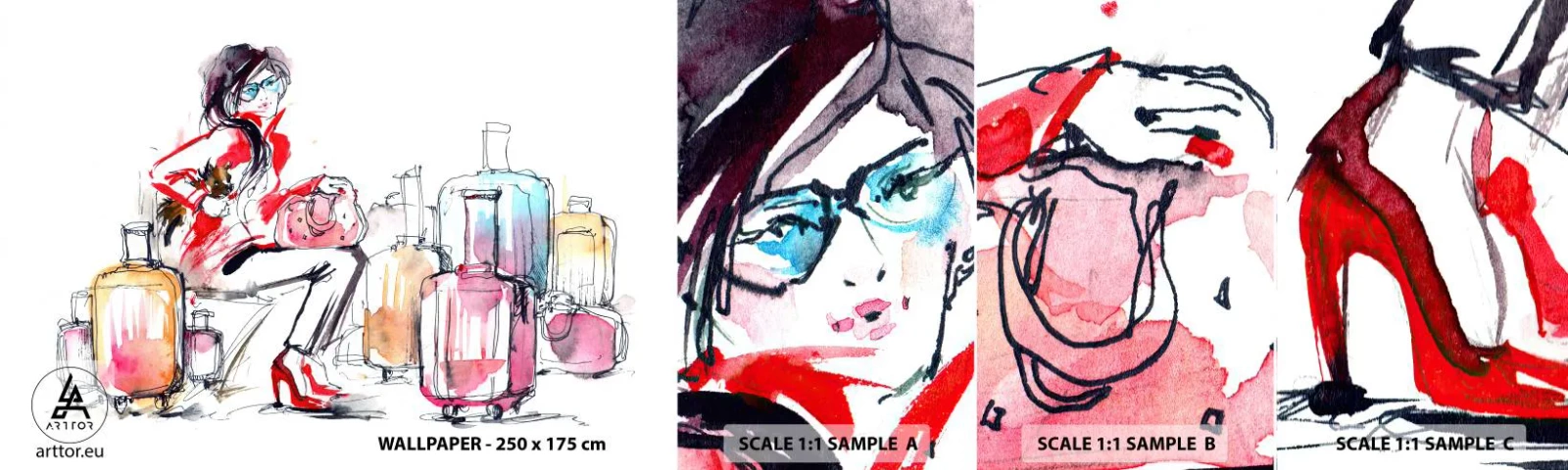 Fototapetenmuster Standard Eco - Setzen wir uns vor der Reise hin - Frau, Reise, Koffer - 100x30 cm