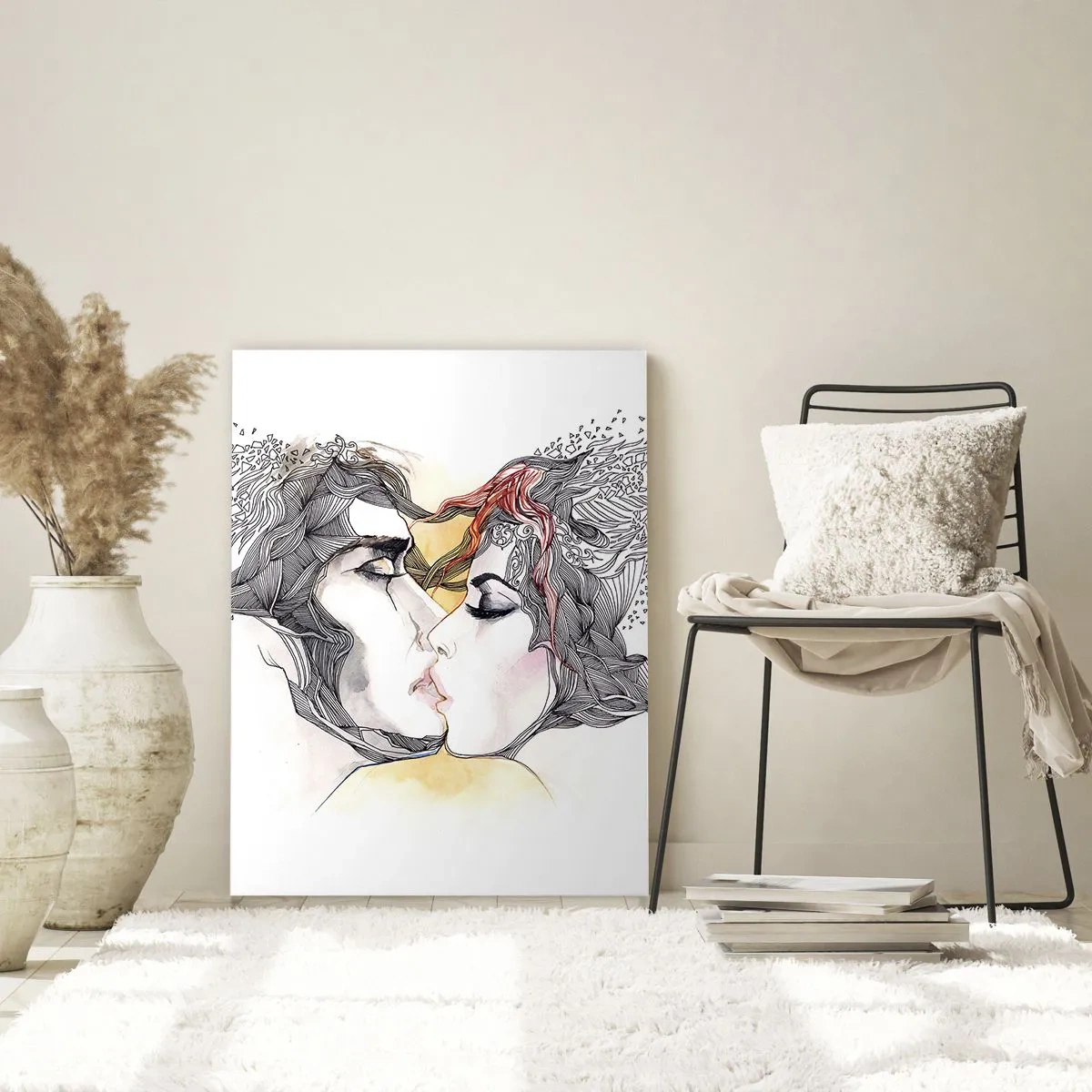 Glasbild - Bild auf glas - Künstlerisches Paarportrait mit abstrakten Haarmotiven - 80x120cm - Die Welt existiert nicht - Moderne Wanddekoration für Wohnzimmer und Schlafzimmer ARTTOR