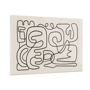 Glasbild - Bild auf glas - Schwarze abstrakte Linien bilden ein komplexes Muster auf Beige - 100x70cm - Folge der Spur - Moderne Wanddekoration für Wohnzimmer und Schlafzimmer ARTTOR