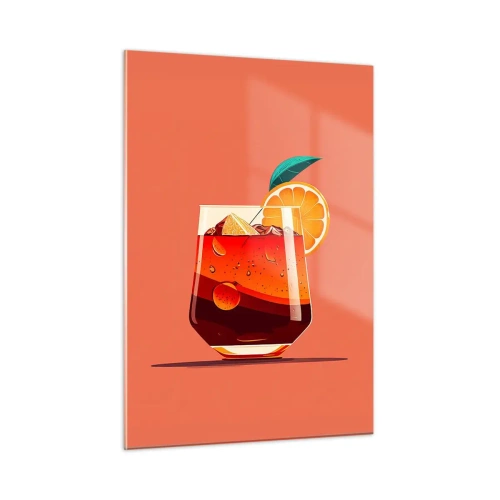 Glasbild - Bild auf glas - Ein farbenfrohes Getränk mit Orange auf einem warmen Pfirsichhintergrund - 50x70cm - Sommerliche Erfrischung - Moderne Wanddekoration für Wohnzimmer und Schlafzimmer ARTTOR