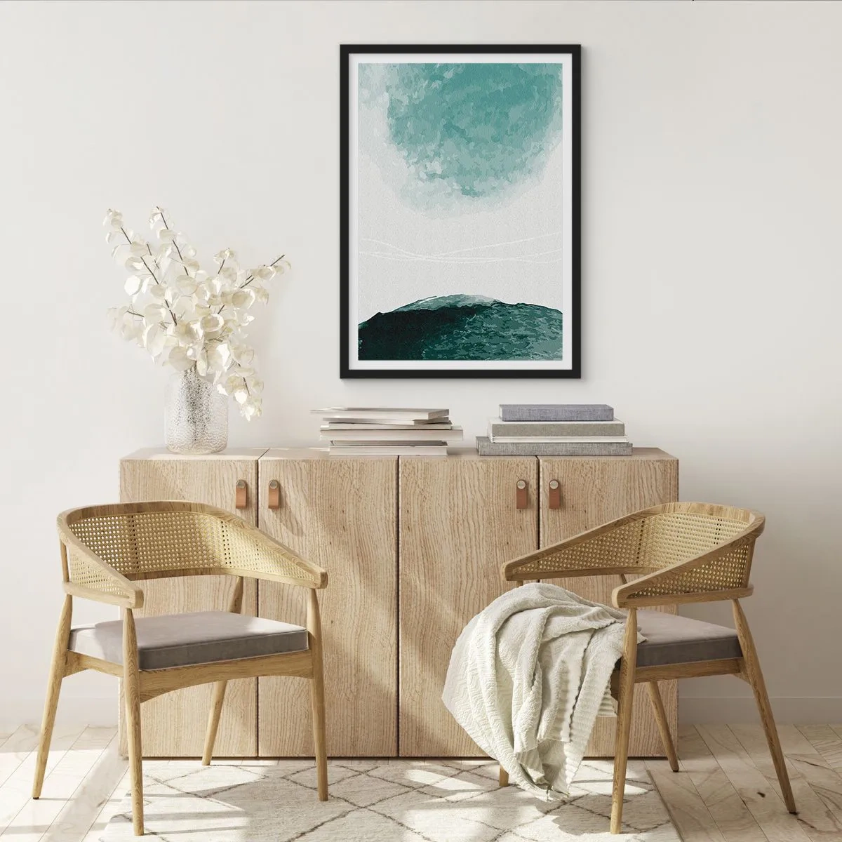 Poster in einem schwarzem Rahmen - Abstrakte Landschaft in Grün- und Weißtönen - 50x70cm - Begegnung mit Nebel - Moderne Wanddekoration für Wohnzimmer und Schlafzimmer ARTTOR