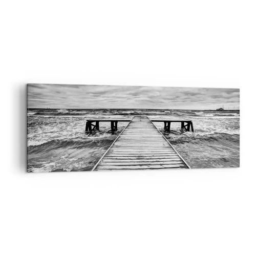 Bild auf Leinwand - Leinwandbild - Eine Schwarz-Weiß-Ansicht eines Holzstegs über einer stürmischen See. - 140x50cm - Ich warte darauf, dass der Wind wegjagt... - Moderne Wanddekoration für Wohnzimmer und Schlafzimmer ARTTOR