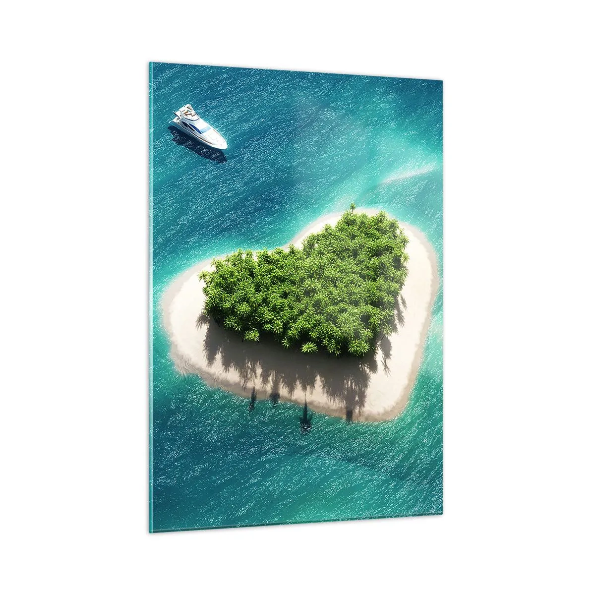 Glasbild - Bild auf glas - Illustration einer herzförmigen Insel mit einem Boot vor einem türkisfarbenen Meer - 50x70cm - ich liebe Sommer - Moderne Wanddekoration für Wohnzimmer und Schlafzimmer ARTTOR