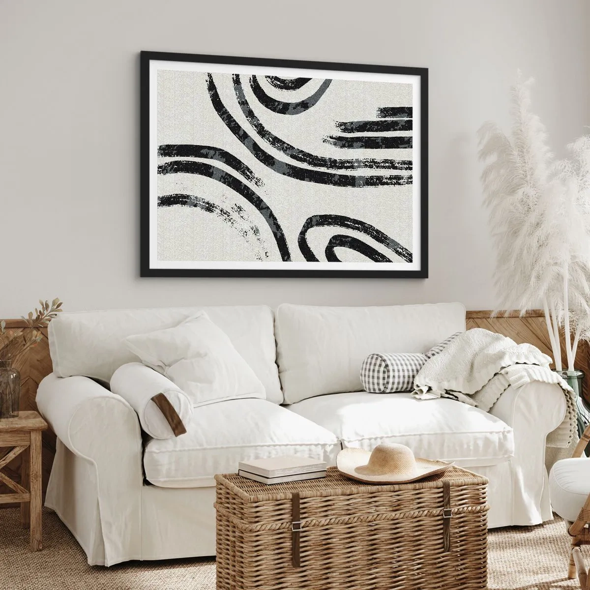Poster in einem schwarzem Rahmen - Schwarz-weiße abstrakte Linien auf hellem Hintergrund - 70x50cm - Bei Hälfte angehalten - Moderne Wanddekoration für Wohnzimmer und Schlafzimmer ARTTOR