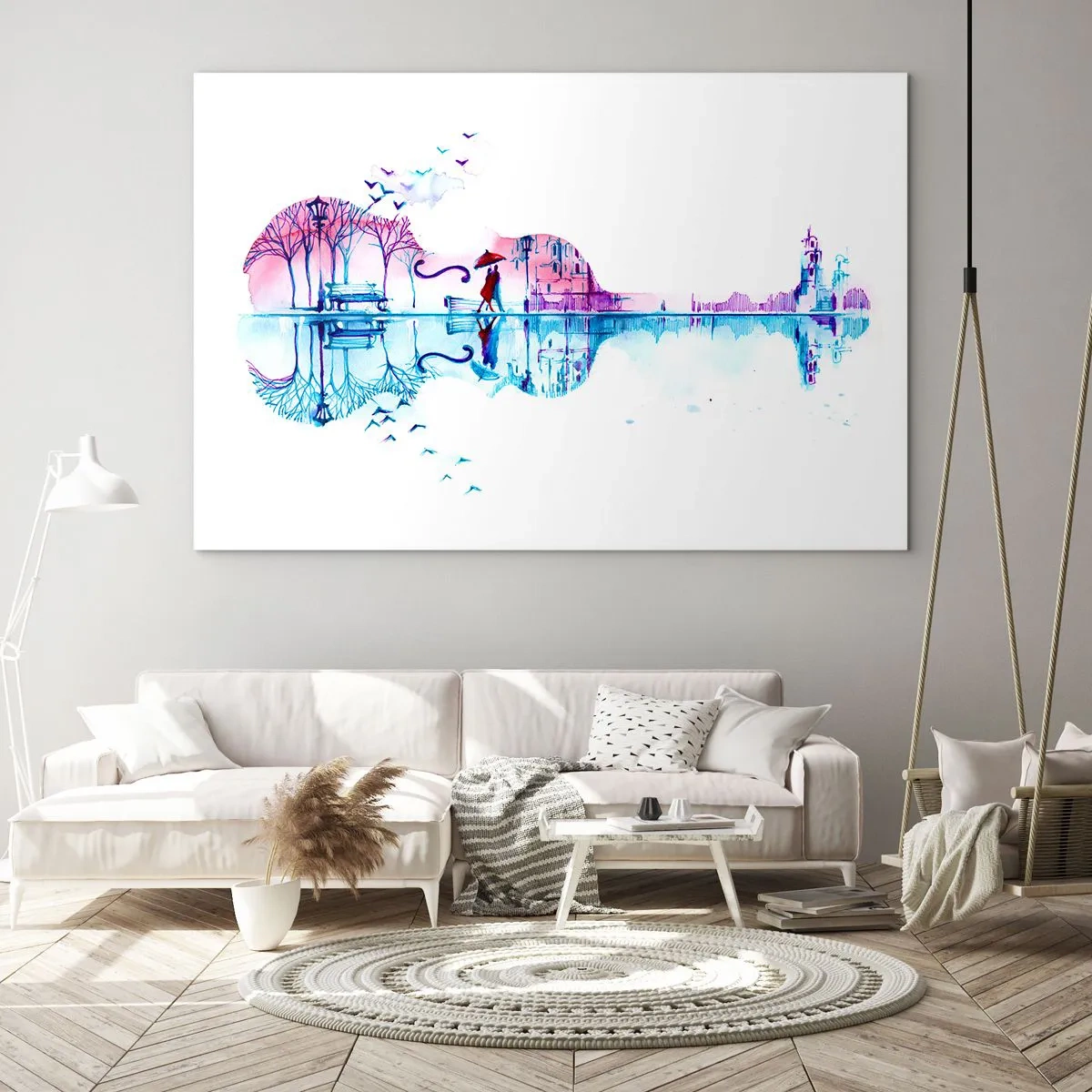 Glasbild - Bild auf glas - Eine gitarrenförmige Landschaft im Aquarellstil - 120x80cm - Ich bringe dir ein paar Regenbögen - Moderne Wanddekoration für Wohnzimmer und Schlafzimmer ARTTOR