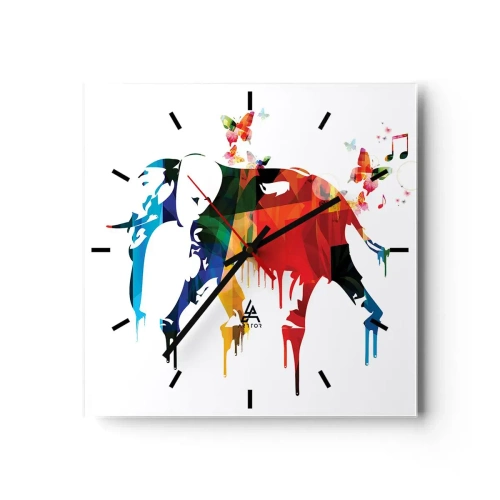 Wanduhr - Glasuhr - Bunter Elefant mit Schmetterlingen im modernen geometrischen Stil - 30x30cm - Jeder kann tanzen - Moderne Wanddekoration für Wohnzimmer und Schlafzimmer ARTTOR