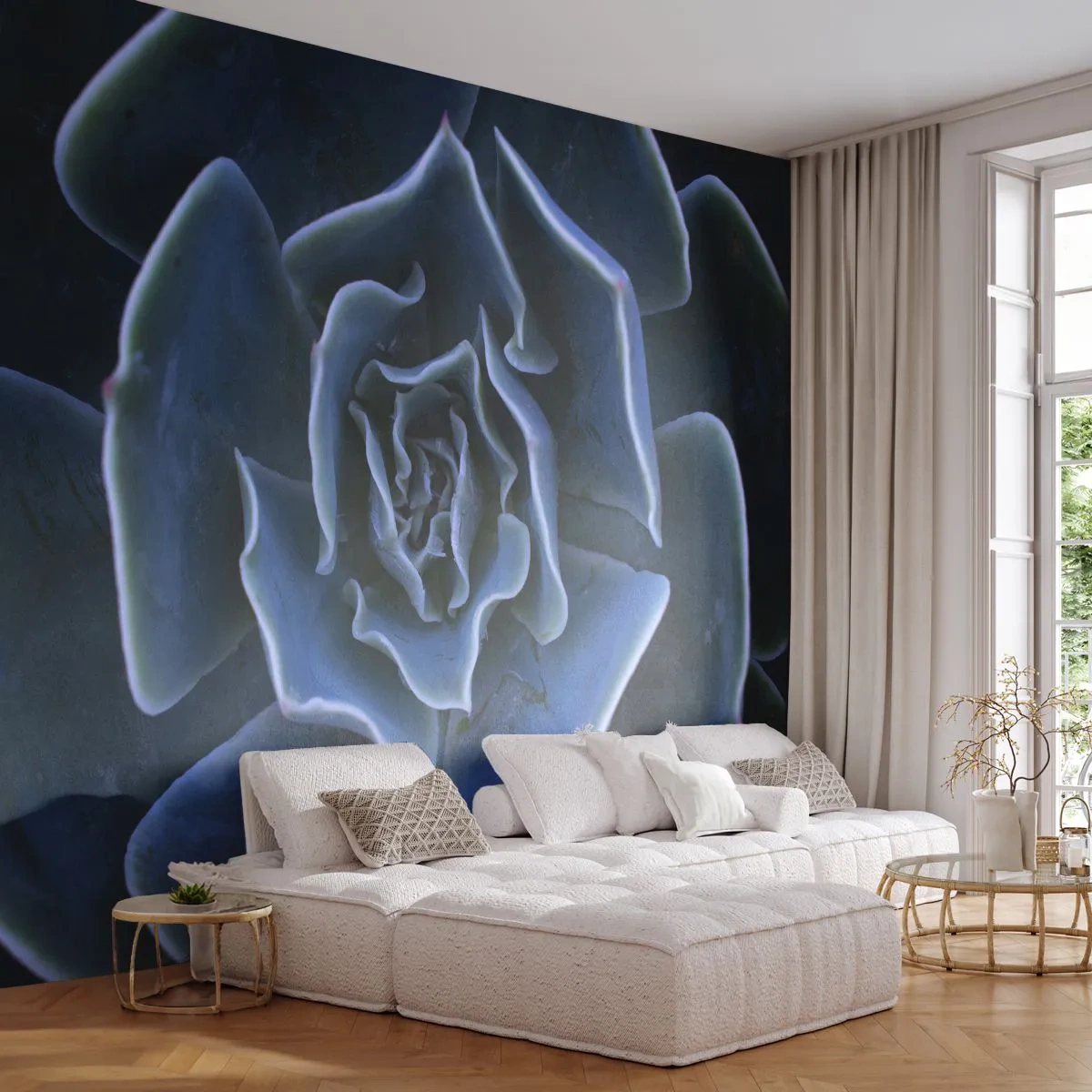 Fototapete Premium Sand - Nahaufnahme der Blätter einer kühl getönten Sukkulente - 100x70cm - Wüstenblume - Moderne Wanddekoration für Wohnzimmer und Schlafzimmer ARTTOR