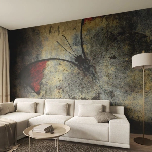 Fototapete Premium Sand - Künstlerischer Schmetterling in Vintage-Textur mit rotem Akzent - 100x70cm - Pass auf, bevor ich verschwinde - Moderne Wanddekoration für Wohnzimmer und Schlafzimmer ARTTOR