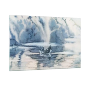 Glasbild - Bild auf glas - Zwei Fischer auf einem Boot, umgeben von einer nebligen Landschaft - 120x80cm - Angler in ihrem Paradies - Moderne Wanddekoration für Wohnzimmer und Schlafzimmer ARTTOR