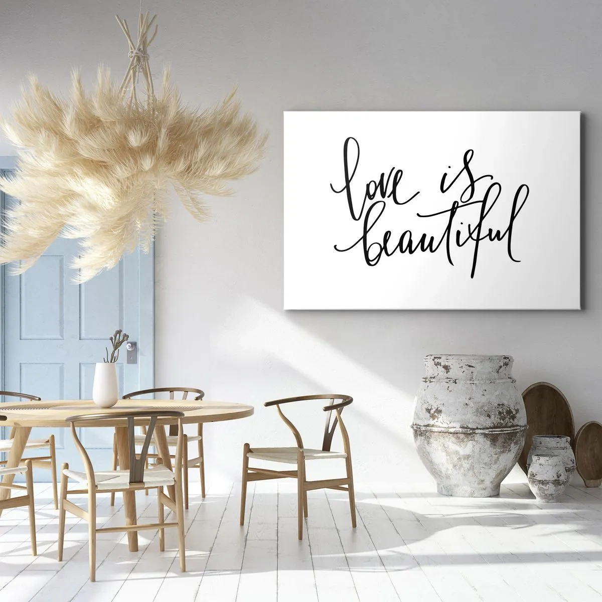 Bild auf Leinwand - Leinwandbild - Schwarze Aufschrift „Liebe ist schön“ auf weißem Hintergrund - 70x50cm - Lies und wiederhol - Moderne Wanddekoration für Wohnzimmer und Schlafzimmer ARTTOR