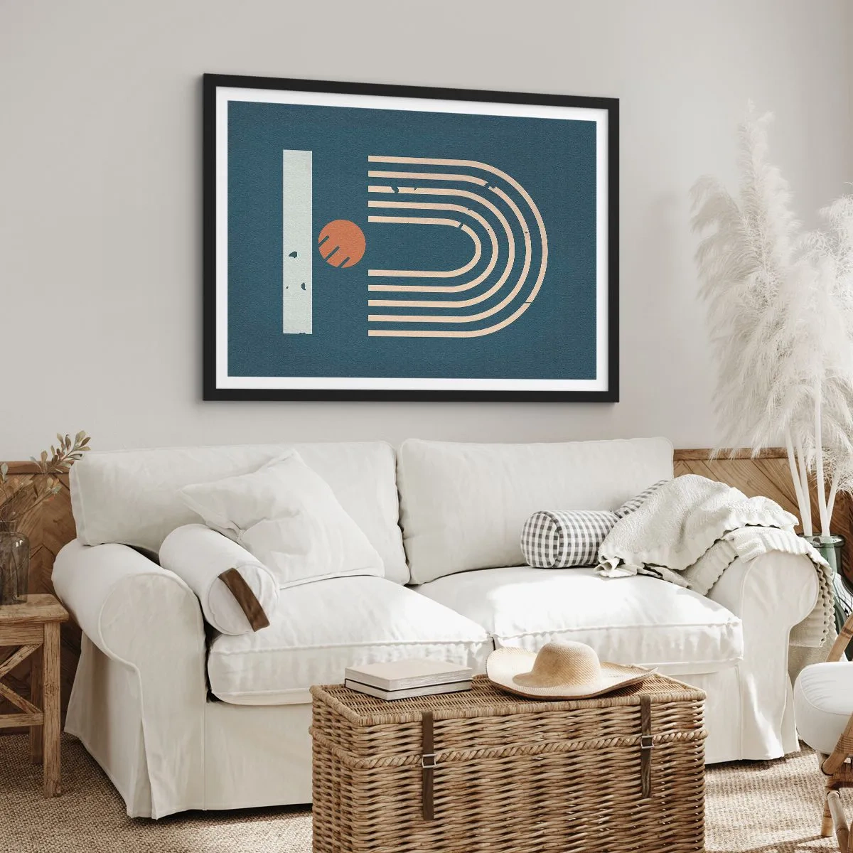 Poster in einem schwarzem Rahmen - Geometrisches Muster in Marineblau-, Beige- und Orangetönen auf dunklem Hintergrund - 100x70cm - Geometrie auf dem Granatapfel - Moderne Wanddekoration für Wohnzimmer und Schlafzimmer ARTTOR