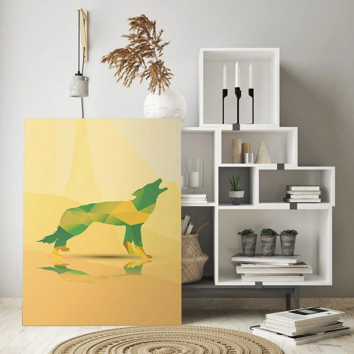 Glasbild - Bild auf glas - Geometrischer Wolf in farbenfroher Abstraktion - 50x70cm - Ein einsamer Wolf - Moderne Wanddekoration für Wohnzimmer und Schlafzimmer ARTTOR