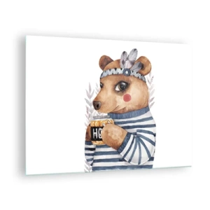 Glasbild - Bild auf glas - Ein gestreifter Teddybär mit einer Tasse Honig und Federn - 70x50cm - Süße Bärin - Moderne Wanddekoration für Wohnzimmer und Schlafzimmer ARTTOR