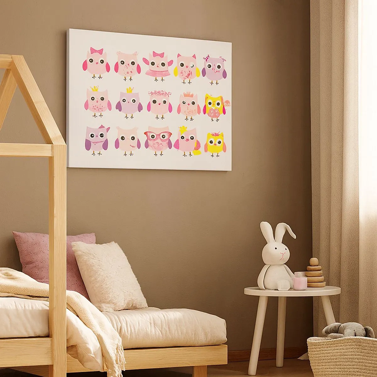 Bild auf Leinwand - Leinwandbild - Niedliche Eulen in Pastellfarben - 70x50cm - Einer ist süßer als der andere - Moderne Wanddekoration für Wohnzimmer und Schlafzimmer ARTTOR