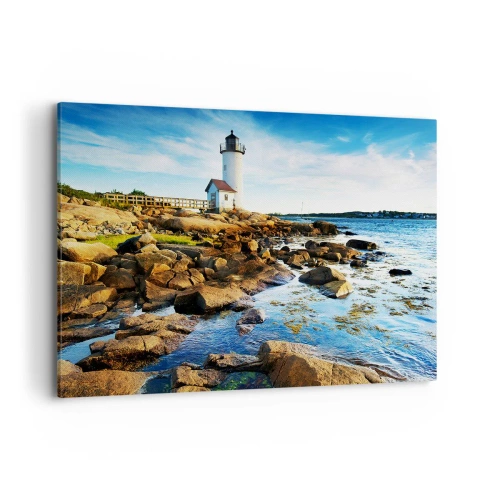 Bild auf Leinwand - Leinwandbild - Ein Leuchtturm an einer felsigen Küste an einem sonnigen Tag - 100x70cm - Komm glücklich zurück, ich warte - Moderne Wanddekoration für Wohnzimmer und Schlafzimmer ARTTOR