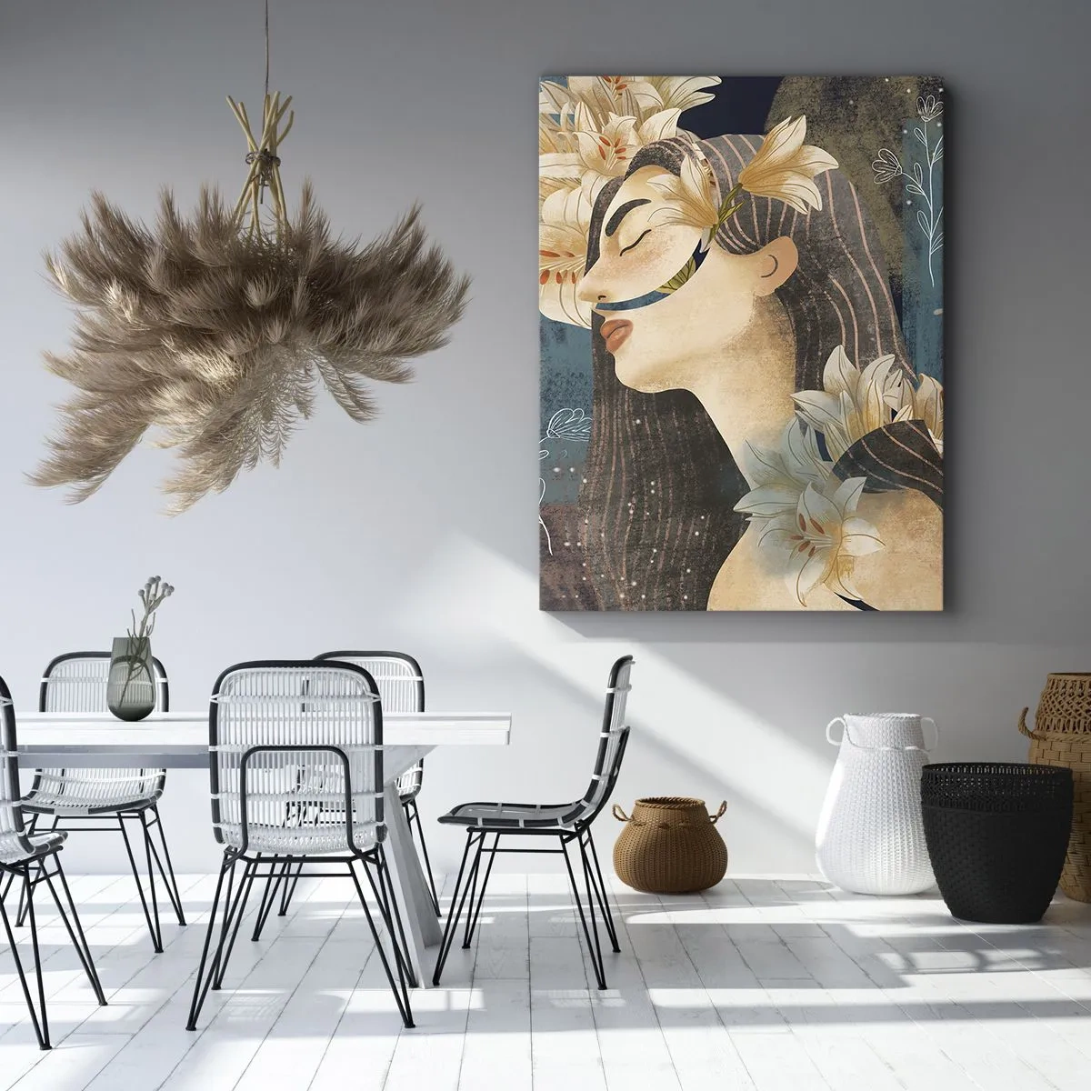 Bild auf Leinwand - Leinwandbild - Porträt einer Frau mit Blumen im künstlerischen Stil auf dunklem Hintergrund - 50x70cm - Ein Märchen über eine Prinzessin mit Lilien - Moderne Wanddekoration für Wohnzimmer und Schlafzimmer ARTTOR