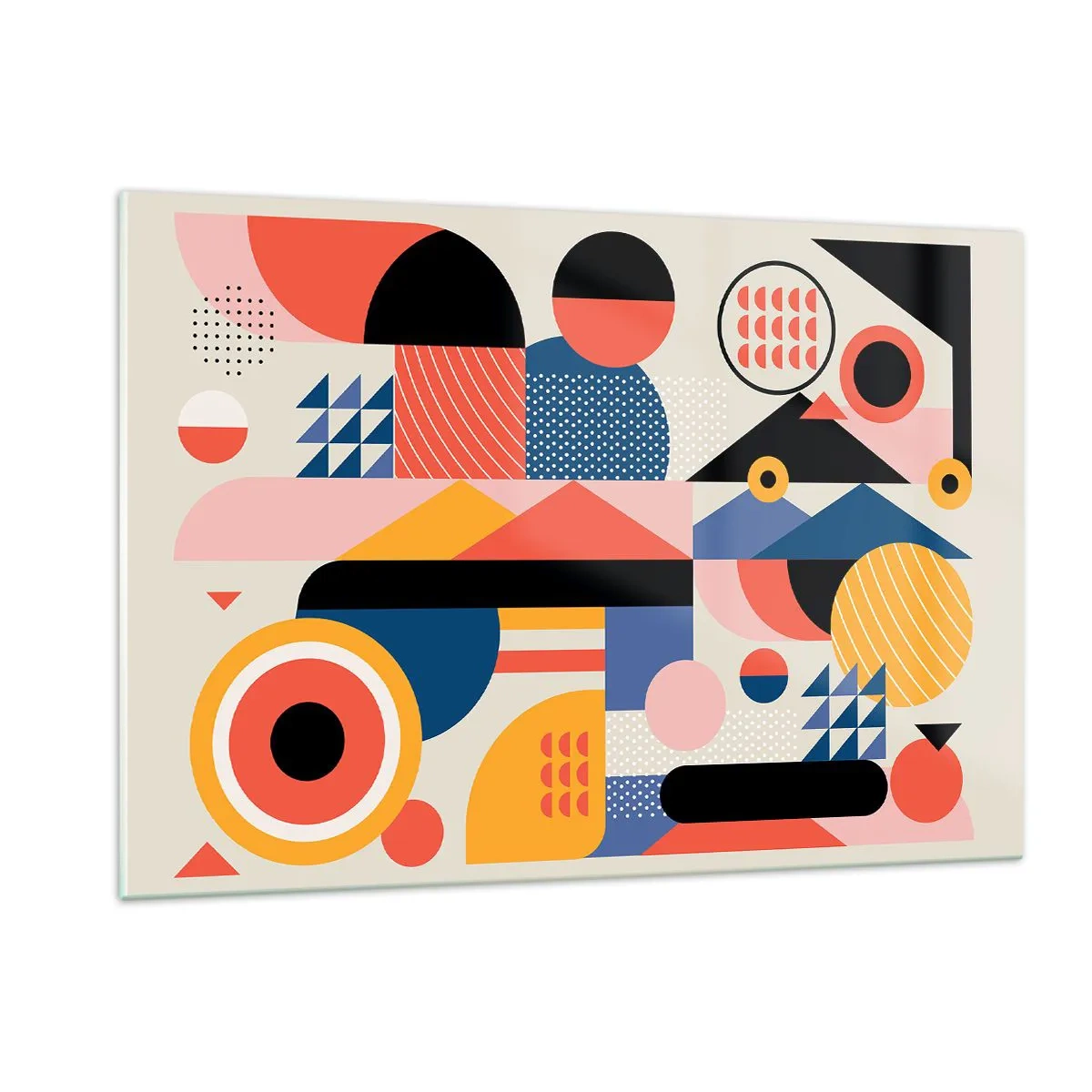 Glasbild - Bild auf glas - Bunte geometrische Abstraktion mit Kreisen und Dreiecken - 120x80cm - Komposition: Na, los, spiel! - Moderne Wanddekoration für Wohnzimmer und Schlafzimmer ARTTOR