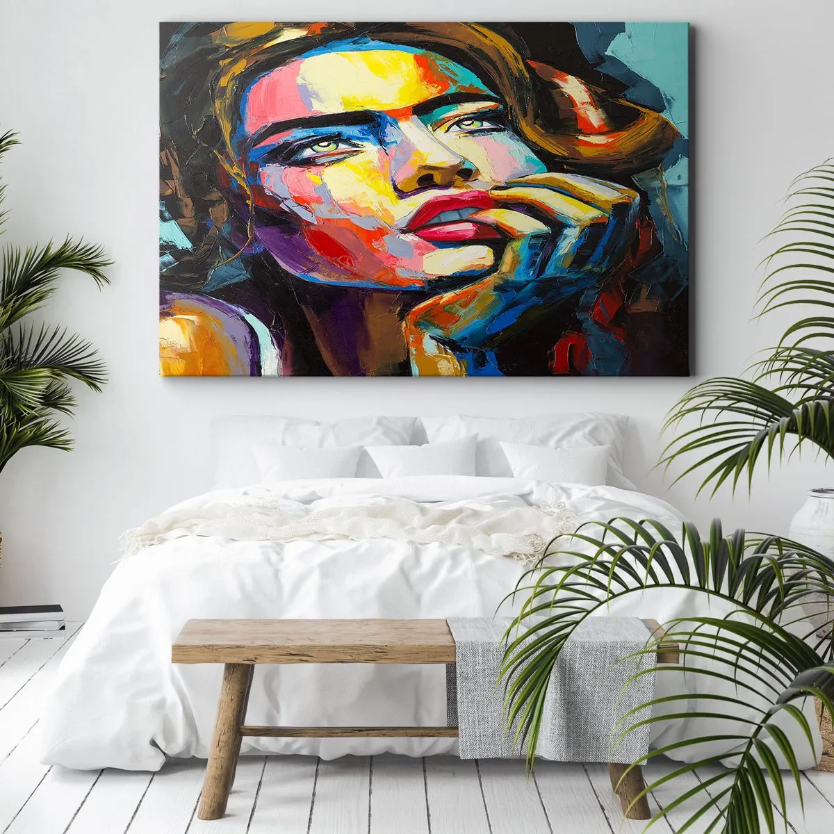 Bild auf Leinwand - Leinwandbild - Farbenfrohes Frauenporträt im expressionistischen Stil - 70x50cm - Träume fliegen am Himmel wie Vögel - Moderne Wanddekoration für Wohnzimmer und Schlafzimmer ARTTOR