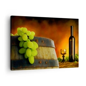 Bild auf Leinwand - Leinwandbild - Trauben auf einem Weinfass mit warmer Farbgebung im Hintergrund - 70x50cm - Stillleben mit einer Flasche Wein und einer Weintraube - Moderne Wanddekoration für Wohnzimmer und Schlafzimmer ARTTOR