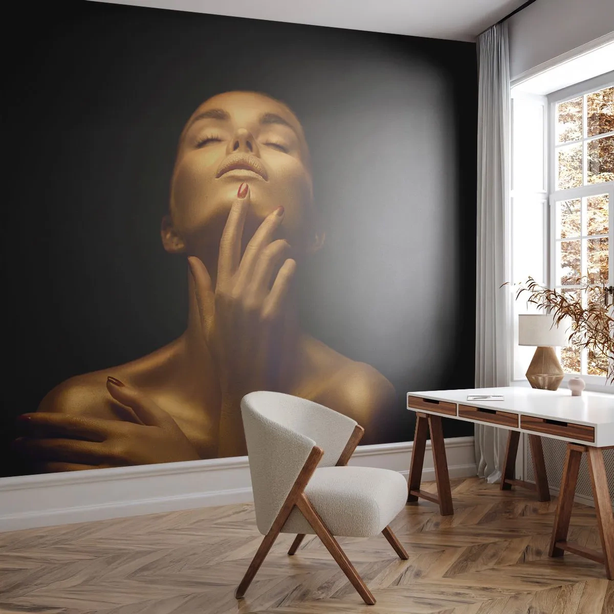 Fototapete Premium Canvas - Wie goldene Seide - Frau, Das Gesicht einer Frau, Körper - 250x175 cm