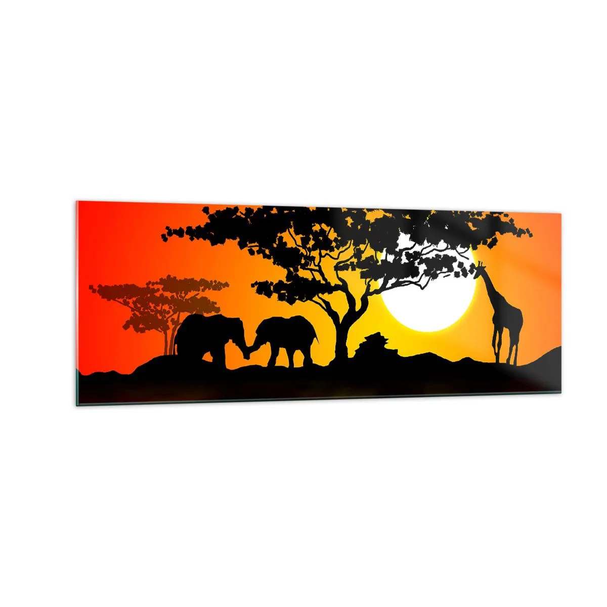 Glasbild - Bild auf glas - Afrikanischer Sonnenuntergang mit Silhouetten von Elefanten und Giraffen über dem Wasser - 140x50cm - Treffen in der Savanne - Moderne Wanddekoration für Wohnzimmer und Schlafzimmer ARTTOR