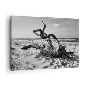 Bild auf Leinwand - Leinwandbild - Schwarz-weiße Landschaft mit einem toten Baum am Strand - 70x50cm - Meeresskulptur - Moderne Wanddekoration für Wohnzimmer und Schlafzimmer ARTTOR