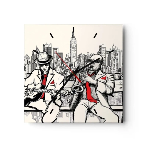 Wanduhr - Glasuhr - Ein Jazzduo mit Saxophon und Gitarre vor der Kulisse der Stadt - 30x30cm - New Yorker Improvisation - Moderne Wanddekoration für Wohnzimmer und Schlafzimmer ARTTOR