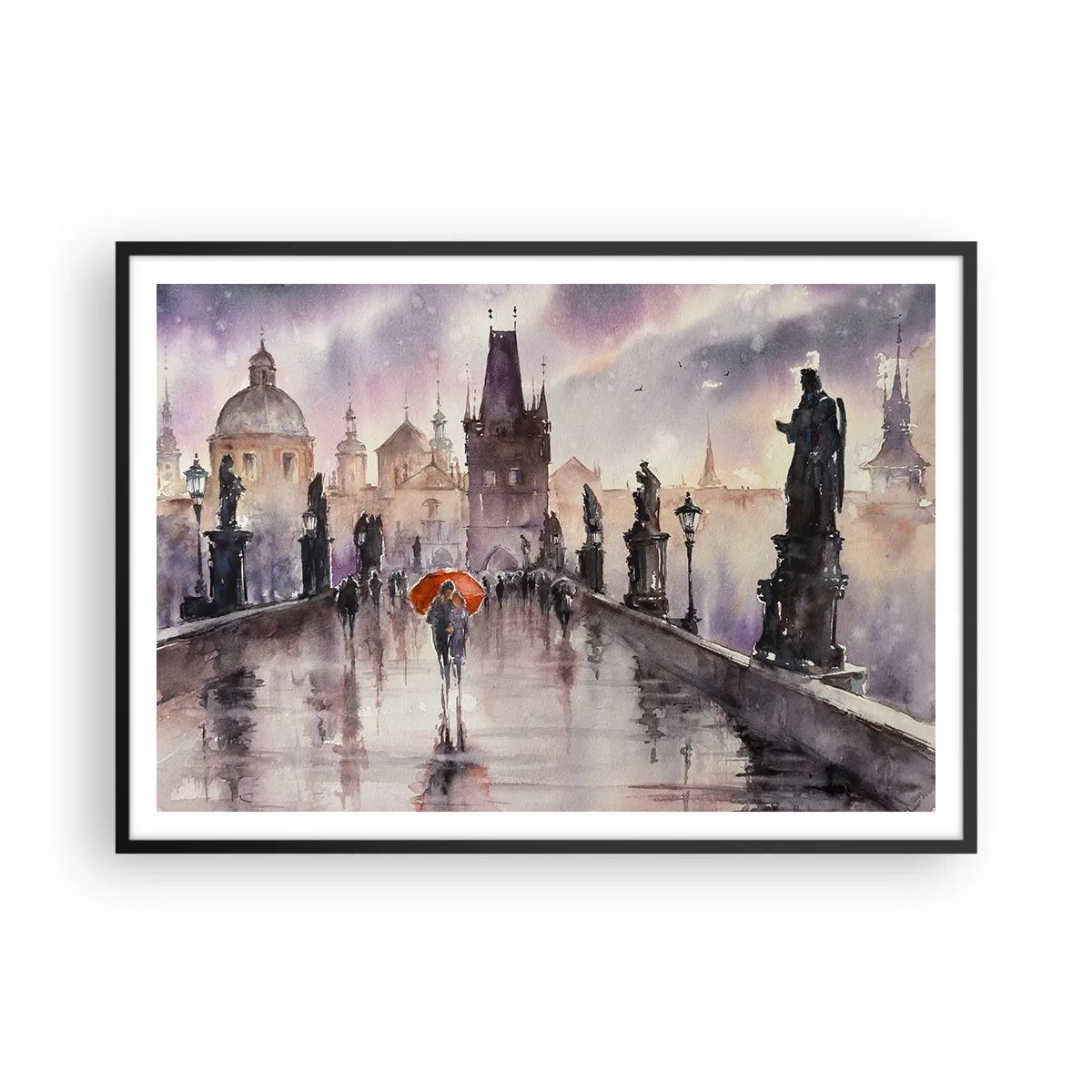 Poster in einem schwarzem Rahmen - Romantischer Blick auf eine Brücke mit einem Regenschirm vor der Kulisse einer abendlichen Stadt - 100x70cm - Leute verändern sich nicht - Moderne Wanddekoration für Wohnzimmer und Schlafzimmer ARTTOR