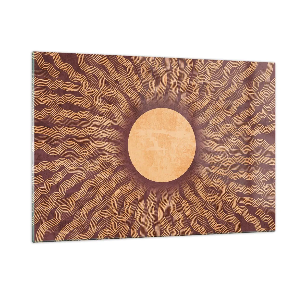 Glasbild - Bild auf glas - Eine stilisierte Sonne mit Strahlen in Form von Wellenlinien auf braunem Hintergrund. - 120x80cm - Sonnensymbol - Moderne Wanddekoration für Wohnzimmer und Schlafzimmer ARTTOR
